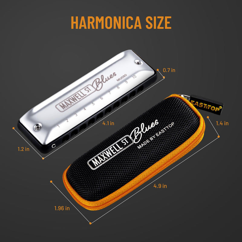 East top MAXWELL ST Blues Harmonica C, Professional Overblow and Bending 10 Holes MS030 Mouth Organ For All Levels Adults, Professional Players and Students MS030-C