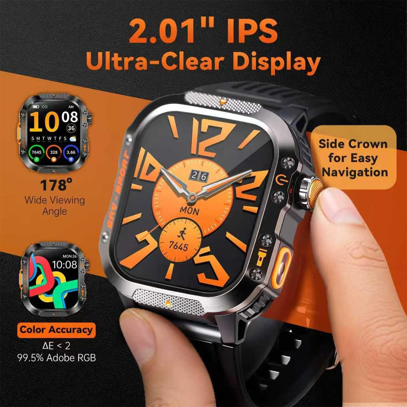 Military Fitness Tracker Smart Watch for Men, Square Black, 1.7" HD | Multiple Sports Modes, 600mAh Battery, IP68 Waterproof, SpO2 Monitor, Flashlight