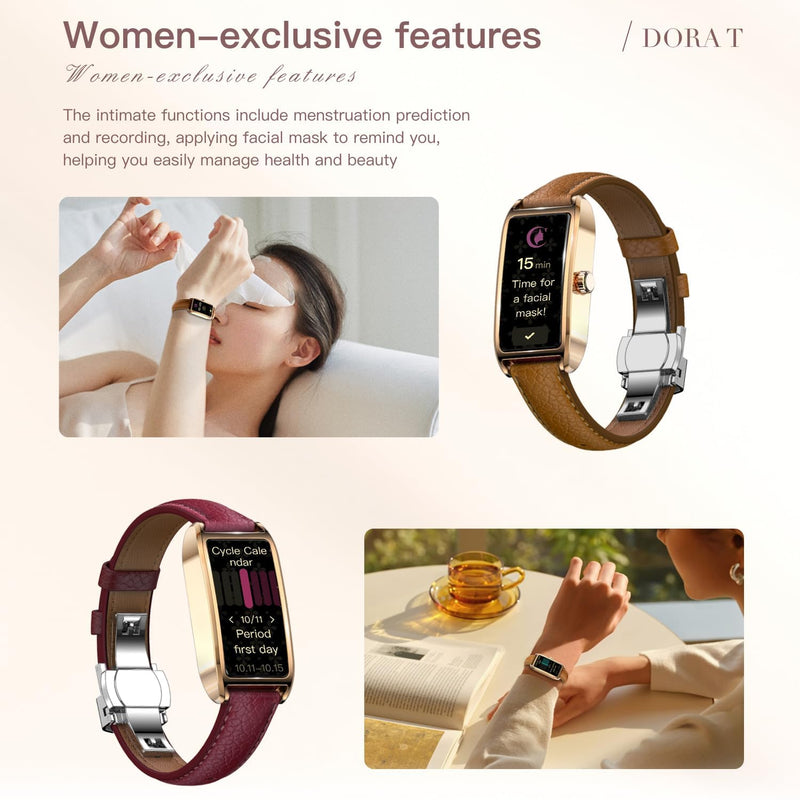 Fitness Tracker for Women Ladies Fitness Watch Dressy Leather Strap Alloy Case Luxury Fashion Heart Rate Monitor Sleep Tracker Pedometer Step Counter Waterproof Elegant Smart Watches for Womens Rose Gold Light Brown