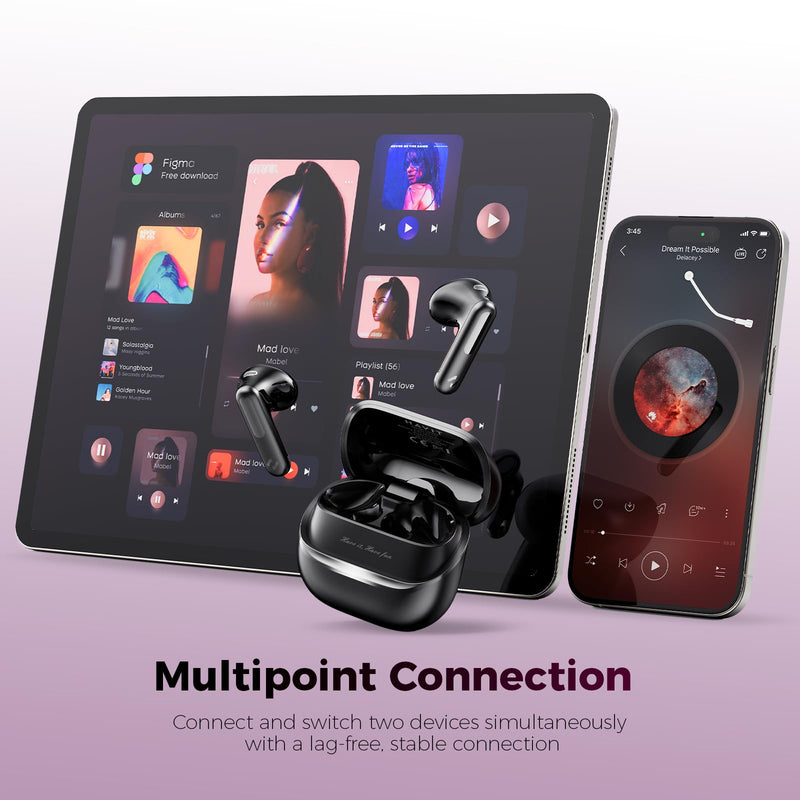 havit Space T1 Wireless Earbuds, Adaptive Hybrid Active Noise Cancelling Bluetooth Earbuds, 6-Mic AI ENC, Head-Tracked Spatial Audio, 40.5H Playtime, Semi-in-Ear Fit, Bluetooth 6.0, IP54, Black