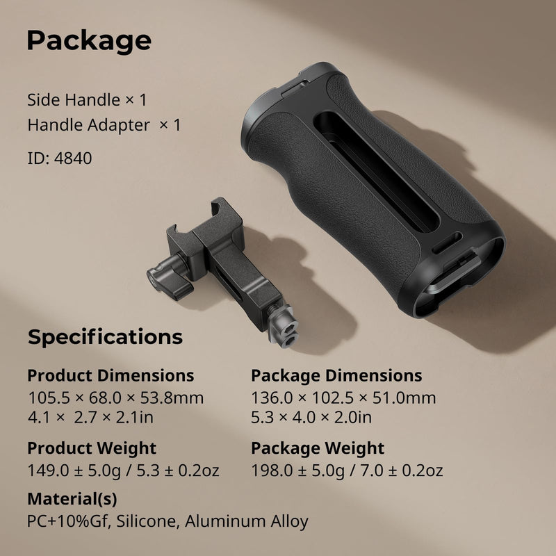 SmallRig Mini NATO Side Handle for Camera Cages, Universal Ergonomic Side Handgrip, 43mm Up/Down Adjustable, Bulit-in 1/4"-20 Threaded Hole, Strap Hole, Cold Shoe - 4840