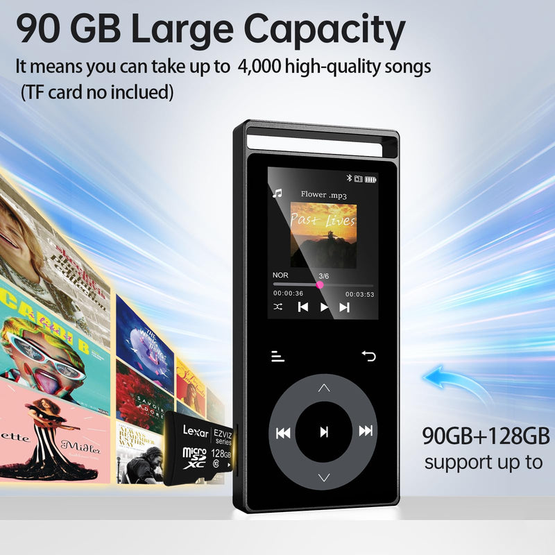 [AUSTRALIA] - 90G MP3 Player with Bluetooth 5.3, MP3 Players Build-in Touch Buttons, E-Book, Color Screen, HiFi Sound Portable Music Player for Kids,Supports up to 128GB, Earphones Included (Black) Black 