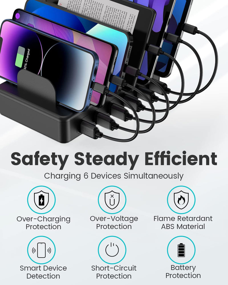 CREATIVE DESIGN Charging Station, 50W 6 Ports Multi Charger Station with 6 Charging Cables, USB Charging Dock for Multiple Devices, Compatible with Cellphone iPad Kindle Tablet and Other Electronic Black