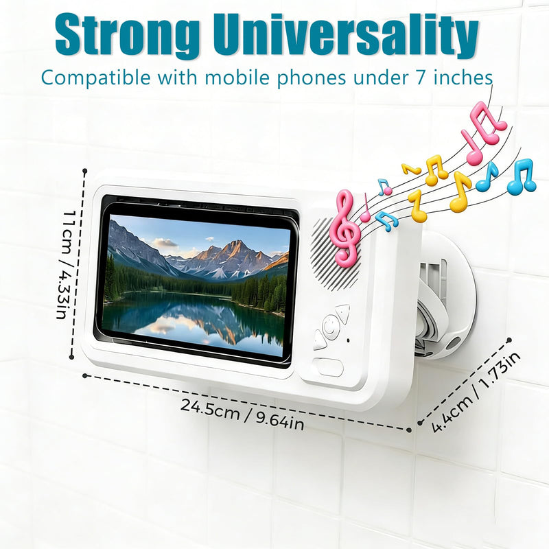 Waterproof Shower Phone Holder with Bluetooth Speaker, IPX4 Anti-Fog 360° Rotatable Suction Mount for Bathroom Kitchen