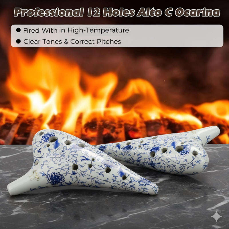 [AUSTRALIA] - OcarinaWind 12 Hole Alto C Ceramic Ocarina – Blue & White Glaze | Handcrafted Collectible with Protective EVA Case Blue&White 