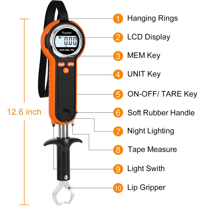 [AUSTRALIA] - Fuzion Fish Scale, Professional Fishing Scale - 110lb Capacity, Waterproof, Night Light, Memory & Tape Measure | Portable Fish Weigh Kit w/Lip Gripper, Batteries & Pouch 