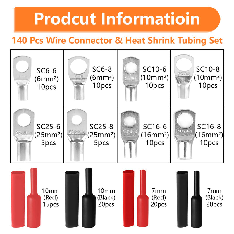 Tube Cable Lugs Cable Lugs Set, 140 Pieces Wire End Ferrules 6 mm² 10 mm² 16 mm² 25 mm² for Car Battery Cable Distribution Boxes, Diameter M6/M8 Ring Terminals Set with 70 Heat Shrink Tubing 2: 1