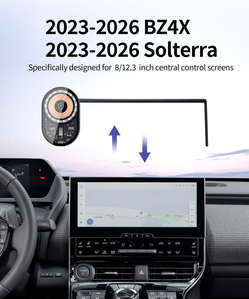 Wireless Charging Car Phone Holder for Toyota bZ4X 2023-2026 8/12.3" Screen | Subaru Solterra Universal Mechanical Clip Cell phone Mount Accessories Fit iPhone Android, Automobile GPS Dashboard Cradle