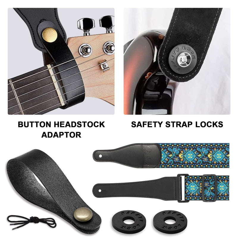 Guitar Strap, Jacquard Embroidered Cotton Straps with Genuine Leather Ends Shoulder Strap for Bass, Acoustic, Electric Guitar Retro Teal