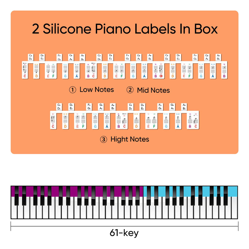 61 Keyboard Notes Guide with Black Keys Semitones,Non-Sticky Electric Piano Stickers with Dust Cover and Box,Easter Basket Stuffers-Color Double Spines 61-color