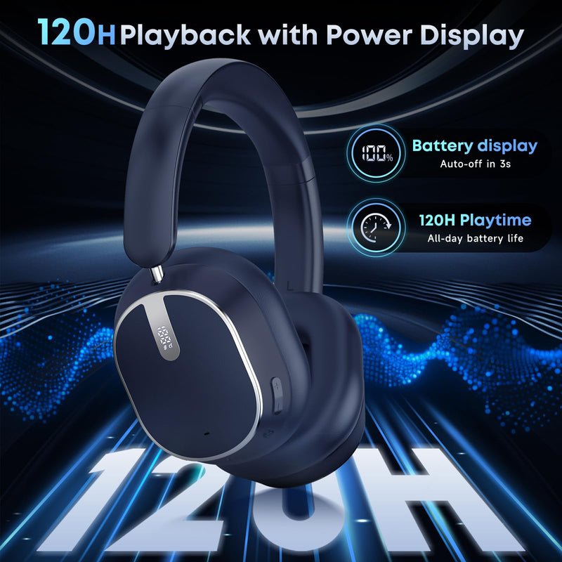 Hybrid Active Noise Cancelling Bluetooth Headphones Wireless Headphones | Over Ear, 120H Playtime, Hi-Res Audio, Deep Bass, Memory Foam Ear Cups for Home Office Travel Black，blue Blue