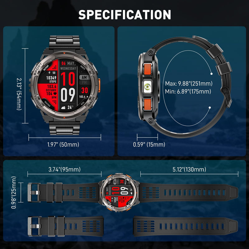 Military Smart Watches for Men with LED Flashlight Compass 3ATM Waterproof | Tactical Rugged Smart Watch with 1.45" HD, Sports Fitness Tracker with Heart Rate/SPO2/Sleep Monitor for Android & iPhone KE5-Orange Button