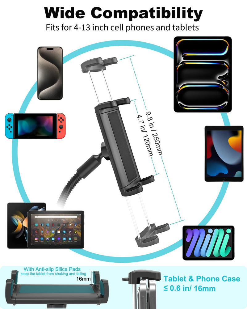 Spin Bike Tablet Holder, Metal Gooseneck Treadmill Tablet Mount, Anti-Shake Treadmill Tablet Mount, Stationary Elliptical Handlebar Clamp for iPad Pro 13 12.9 Mini Air, Tab, Z Fold,4-13" Device