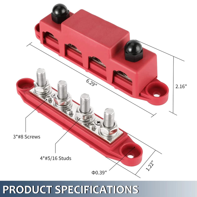 PACEWALKER BusBar Box with 4 x M8 Connection Bolts High Performance Module 12V-48V DC Power Distribution Block Grounding Current for Car RV Boat Yacht 2pcs 250A (Black Red)