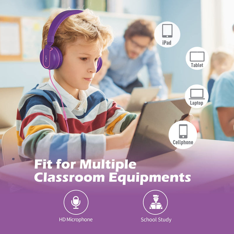 Kids Headphones, AILIHEN I35 On-Ear Headphones for School, Safe Volume 93dB, HD Mic Stereo Headphone for Kid Girls Children, Foldable Wired 3.5mm for Chromebook, Laptop, Computer, Tablet (Pink Purple) Pink Purple