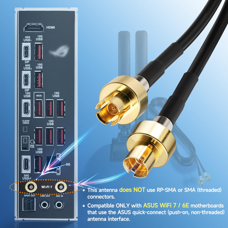 Eightwood Tri-Band WiFi 7 Motherboard Antenna for ASUS Desktop PC | Push-On Connector, Magnetic Base, 6.5ft Cable, Compatible with ROG Strix, TUF Gaming, ProArt, PRIME WiFi 7 Motherboards