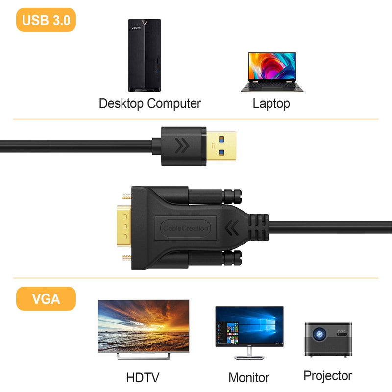 CableCreation USB 3.0 to VGA Cable 6 Feet, USB to VGA 15 Pin Adapter Cord 1080 P @ 60Hz, Monitor Display Video Converter ONLY Supports Windows 10/8.1/8/7, Black 6Feet