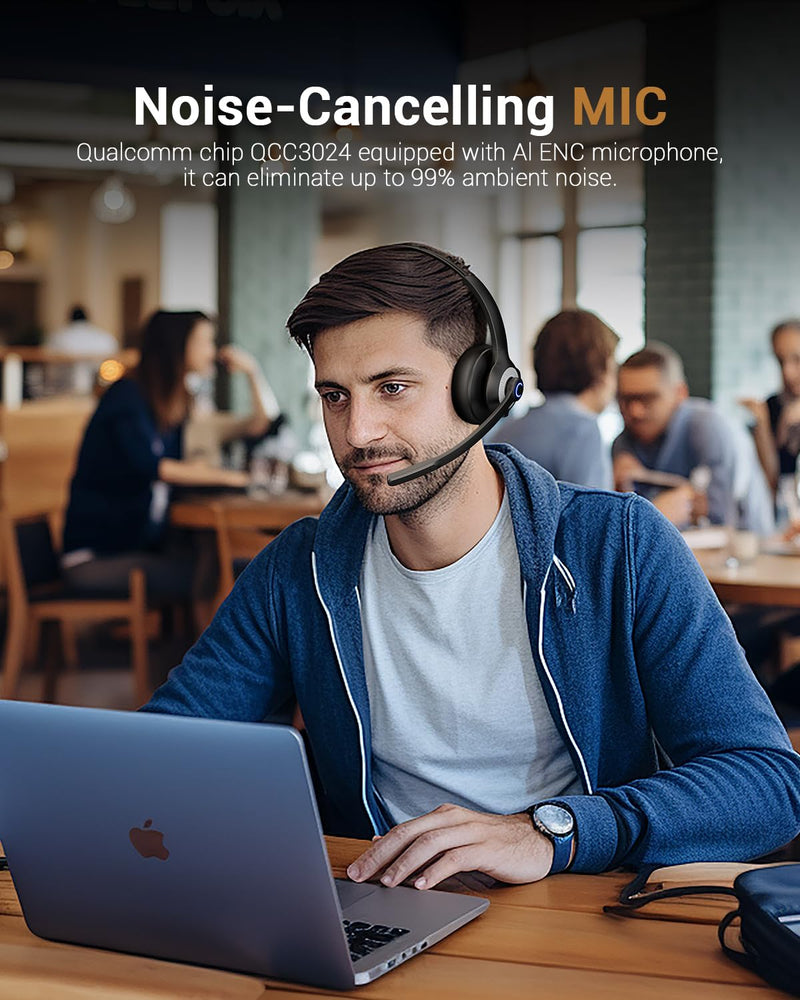 [AUSTRALIA] - JIAMQISHI Wireless Headset with Microphone - Bluetooth V5.2 Headphones with USB Dongle & Mic Mute for PC/Computer/Laptop/Call Center/Zoom/Online Class/Trucker - Bluetooth Headset, Black, EH06U No Charging base 