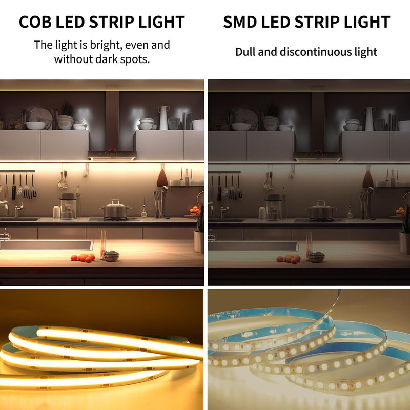 COB LED Strip Lights 32.8ft,3000K DC 24V Dimmable Warm White Flexible LED Rope Lights for Bedroom,with Remote and app Control LED Lights strip for Living Room, Shelf, Cabinet