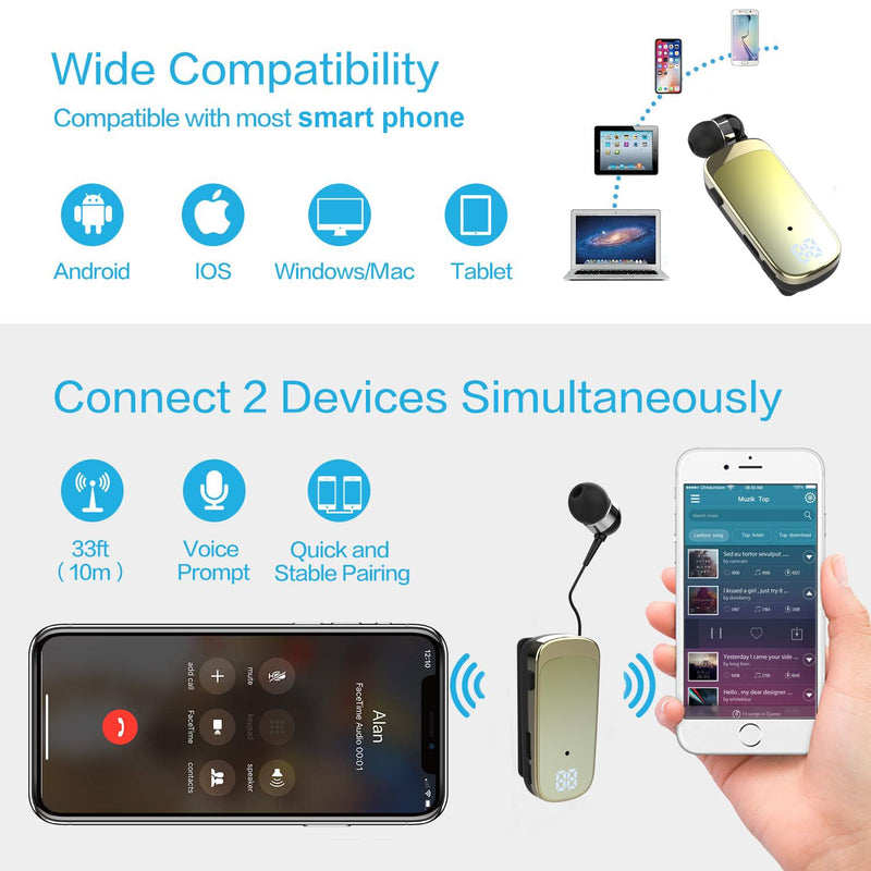 Retractable Wireless Headset Headphone Stereo Earphone V5.0 Noise Cancelling Mic Clip on Earpiece Comfortable HandsFree Headset 20Hrs Talking Time Sports Business Trucker Driver Earbud Yellow