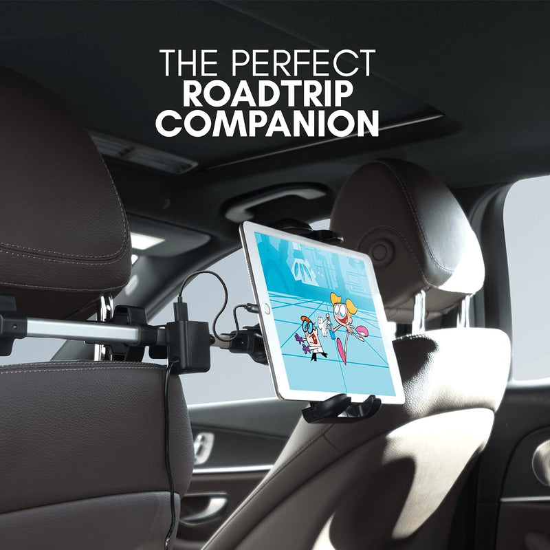 Macally Tablet Holder for Car Headrest with 4 Device USB Car Charger - Perfect Backseat iPad Car Mount for Kids - Universal Tablet & iPad Car Holder Back Seat 4.5” to 10” Wide Silver with Black