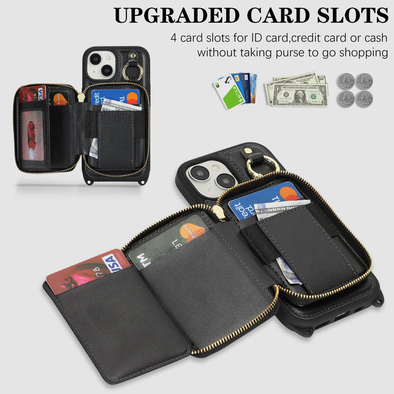 Cavor for iPhone 13 Wallet Case with Card Holder, Black | for iPhone 13 Case with Strap, Crossbody Lanyard Phone Case for Women Men, Magnetic Detachable Compatible with Magsafe