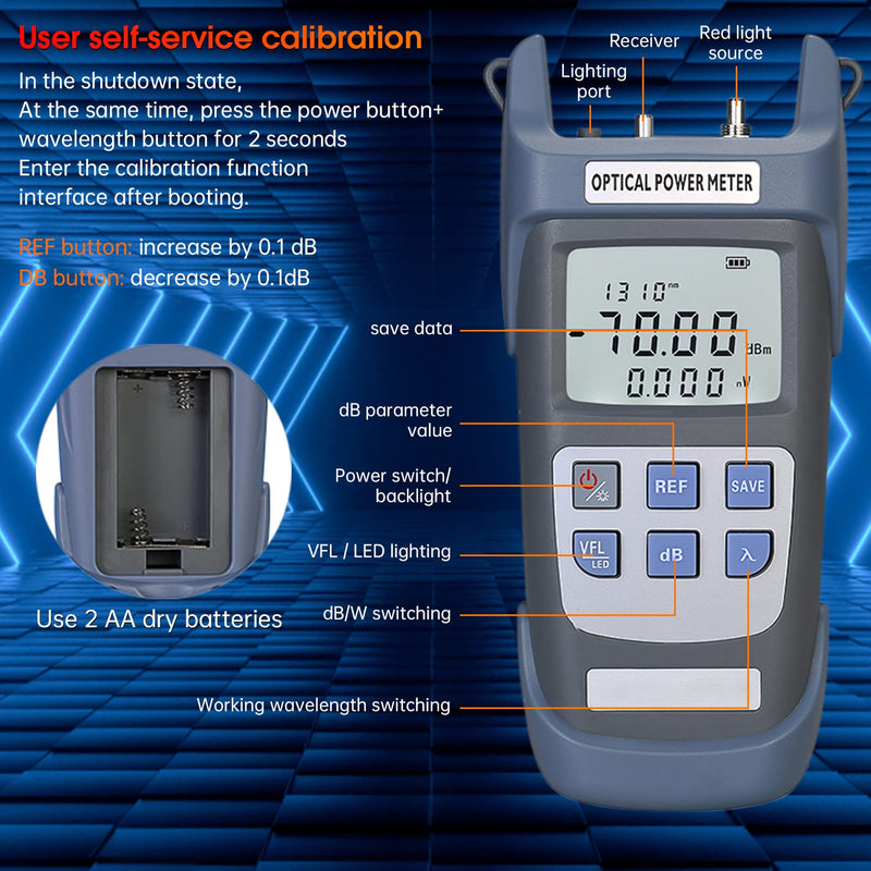 Fiber Optical Power Meter with 10Km Light Source SC FC Connector, -70~10dBm, 10 Optic Wave Length, Optic Test Equipment for CCTV Communication Engineering