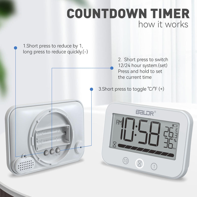 [AUSTRALIA] - Digital LCD Waterproof Timer Shower Clock, Waterproof for Water Spray, Bathroom Clock Wall Mount, Two Suction Cup, Displays Time, Temperature, and Indoor Relative Humidity (1, White) 1 