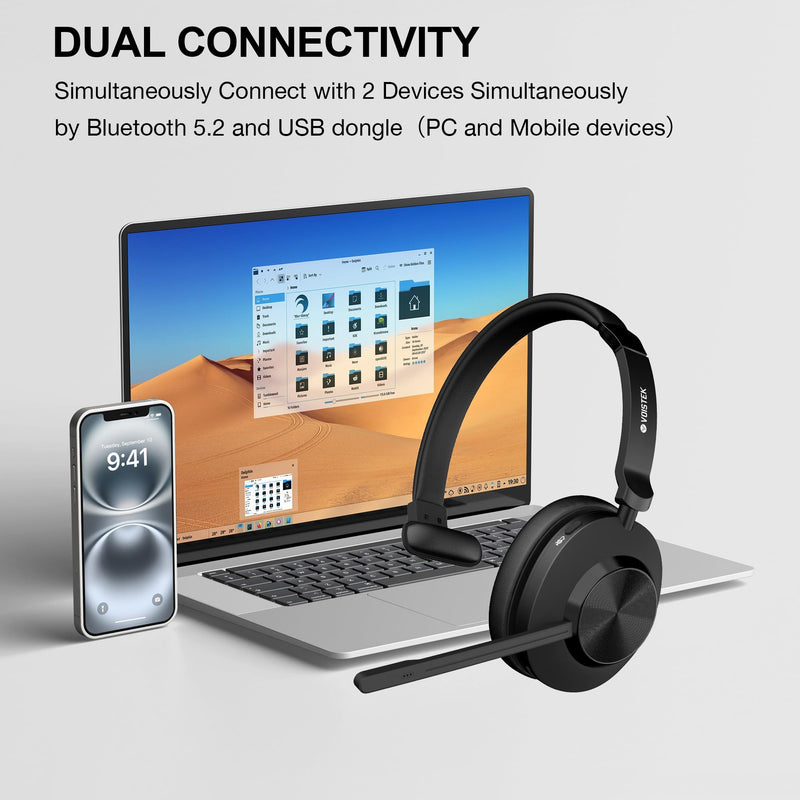Voistek Wireless Headset with Mic for Work, Bluetooth Computer Headphones(Bluetooth 5.3 + USB Dongle) w/Noise Cancelling Mic & Mute Button for Work,Home Office,Zoom,Teams,Online Meetings (Grey) Gray