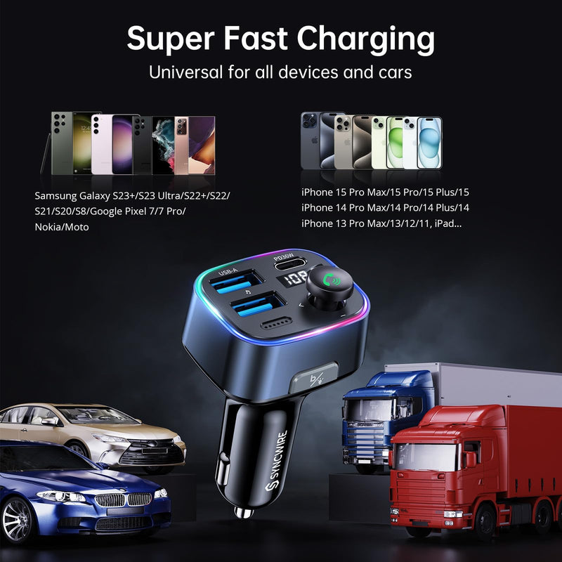 [AUSTRALIA] - Syncwire Bluetooth 5.3 FM Transmitter Car Adapter 48W(PD 36W & 12W) [Light Switch] [Hi-Fi Deep Bass] [Fast Charging] Wireless Radio Music Adapter LED Display Hands-Free Calling Support USB Drive Dark Blue 
