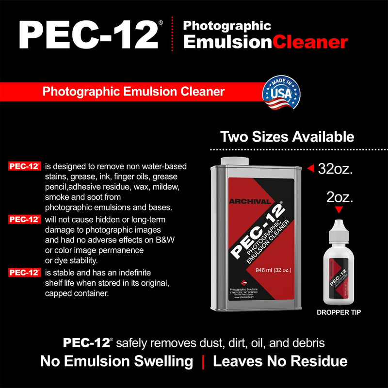 [AUSTRALIA] - PEC-12 Photographic Emulsion Cleaner - Non-Water Based Stain, Grease, and Ink Remover from Emulsions and Bases for Cleaning Film, Photo Negatives, B&W Slide - with Dropper Tip (2oz) 2 Fl Oz (Pack of 1) 