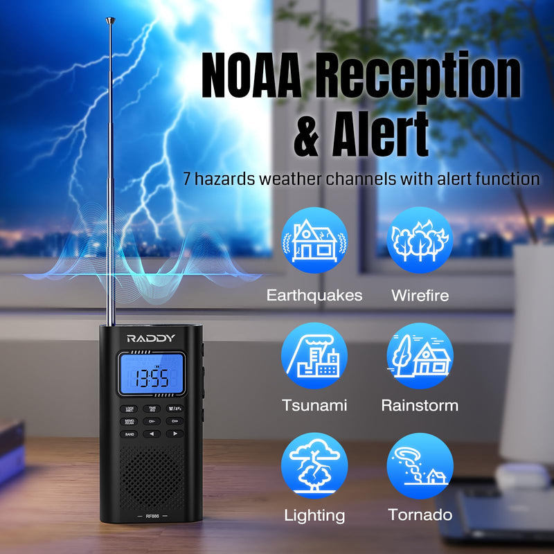 [AUSTRALIA] - Raddy RF886 Portable Shortwave Radio AM/FM/SW/VHF/WB Digital Radio BT Connection with NOAA and Alert, Rechargeable Pocket w/ 9.85 Ft Wire Antenna 5-Band 