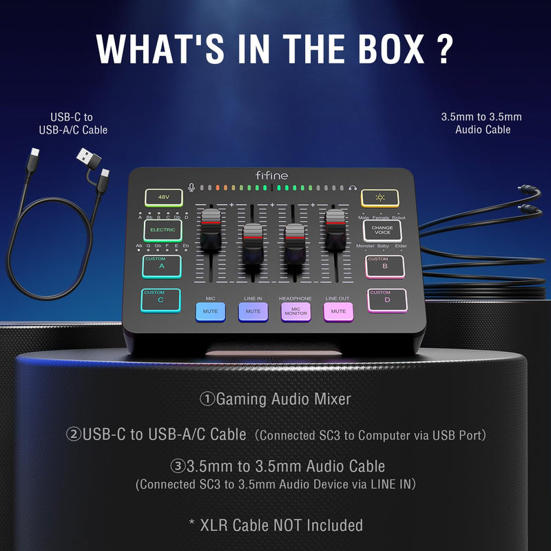[AUSTRALIA] - FIFINE Gaming Audio Mixer, Streaming RGB PC Mixer with XLR Microphone Interface, Individual Control, Volume Fader, Mute Button, 48V Phantom Power, for Podcast/Recording/Vocal/Game Voice-AmpliGame SC3 Black 