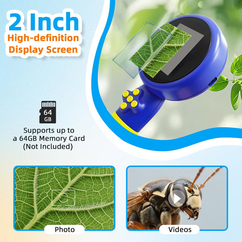 Kids Microscope with Bug Catcher Kit, 1080P Digital Mini Handheld Microscope STEM Science Toy with LED Light, Rechargeable, Portable, Supports 64GB TF Card, Educational Gift for Kids Ages 3-12 (Blue) Blue