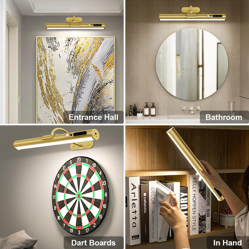 [AUSTRALIA] - Hapfish Motion Sensor Battery Operated Wall Sconce, Wireless Picture Lights for Wall, Rechargeable Magnetic Art Lighting with Remote Control, Battery Picture Light for Poster Dartboard Mirror – Gold Motion Sensor Gold 