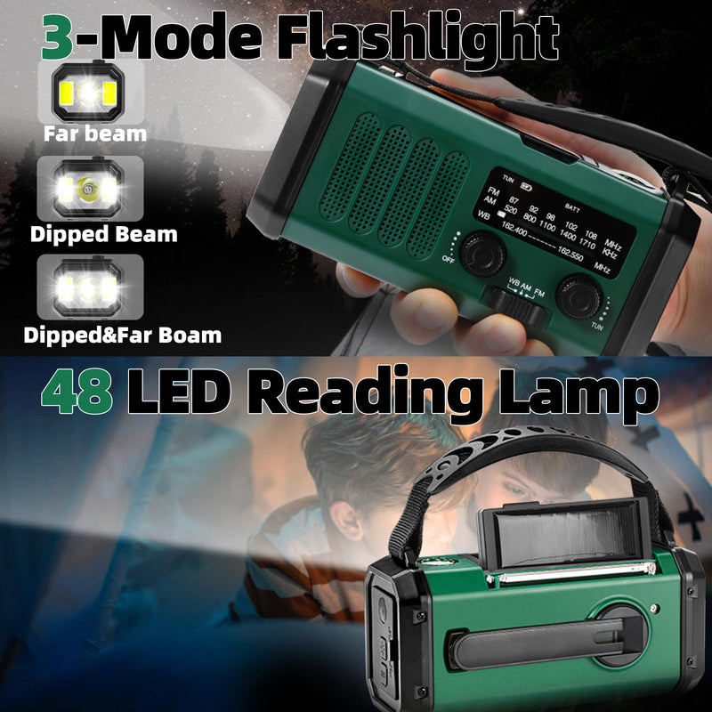 Hand Crank Emergency Radio,37000mWhSolar Powered Hand Crank Portable Radio,NOAA AM FM Weather Radio with 3Mode Flashlight and Reading Light,Cell Phone Charger,Home and Emergency Distress Signal Green