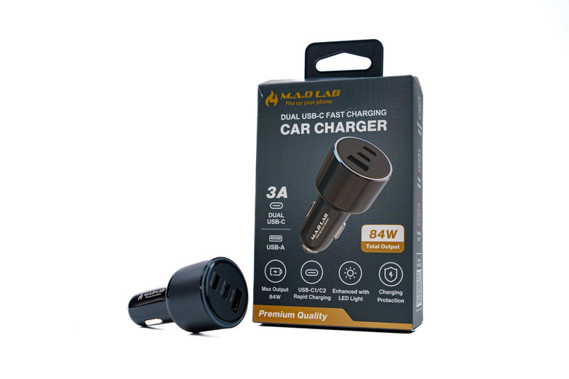 M.A.D LAB 84W 3-Port Fast Car Charger, Dual 33W USB-C and 18W USB-A | Cigarette lighter USB charger with PD and QC 3.0 fast charging for iPhone 17-13, Samsung Galaxy, iPad, Android and Switch 2026