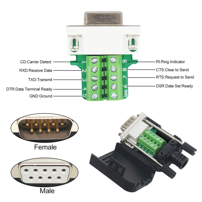 10PCS DB9 Male Breakout Connector,9 pin RS232 connectors, Solderless D-SUB RS485 Serial Adapter Module Board with Screw Terminals, Case, Long Bolts 10xMale Connector