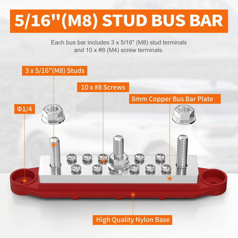 Joinfworld Power Distribution Block 400A Bus Bar 12V 48V with 3 x 5/16"(M8) Studs Marine Bus Bar Terminal Block 12 Volt DC Battery Busbar with Cover - Negative&Positive 400A 3x5/16"(M8) Studs