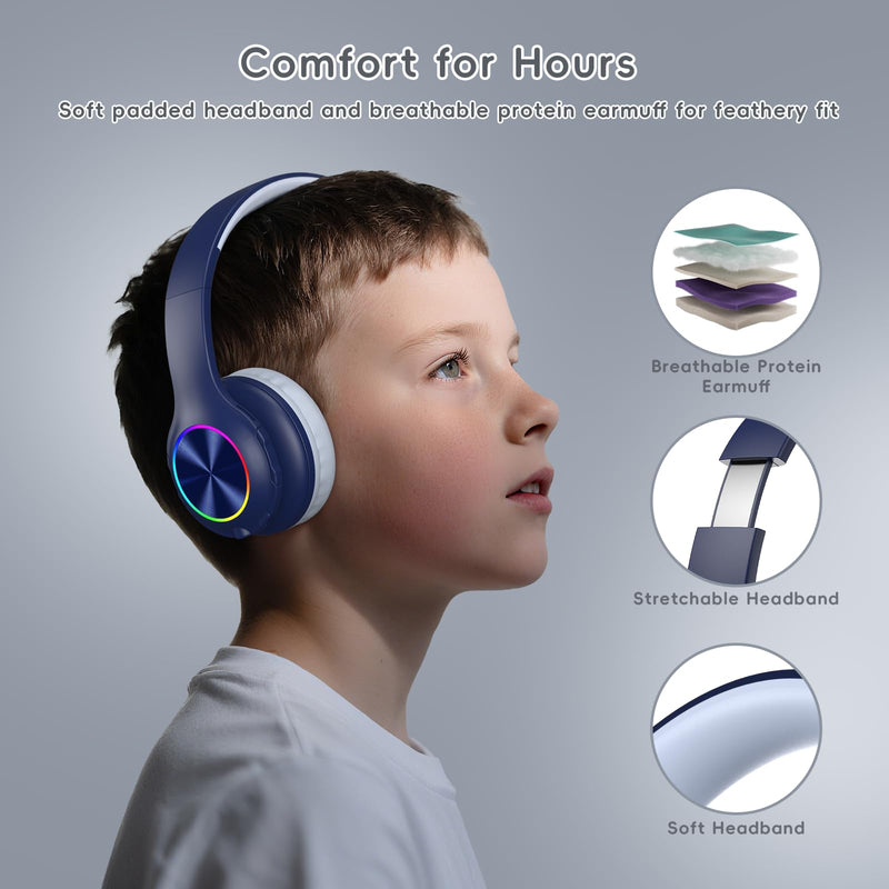 [AUSTRALIA] - Candy Bila Kids Bluetooth 6.0 Headphones with LED Light, 85Hours Playtimes, Type-C Fast Charging, 85/94dB Volume Limited, Comfort Wireless Headphones with Built-in Mic, Wired & TF Card Mode, Navy Blue 