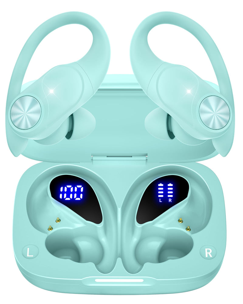 2 Sets Bluetooth Headphones Wireless Earbuds 80hrs Playtime Wireless Charging Case Sports Ear buds with Earhook Premium Deep Bass IPX7 Waterproof Over-Ear Earphones for Phone Laptop Black + Mint Green