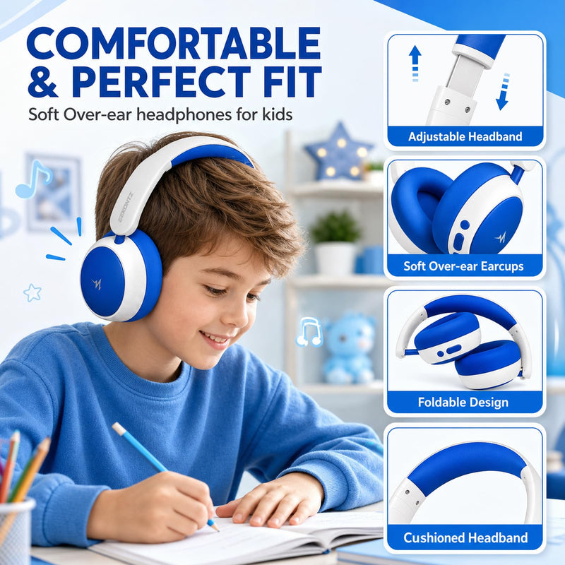 Kids Wireless Headphones,Over-Ear Headset for Boys | Active Noise Cancelling, 58H Playtime, Safe Volume, 3.5mm Wired Option for iPad/Tablet,School,Travel Blue