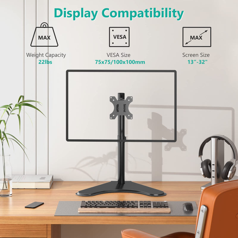 WALI Single Monitor Stand, Adjustable Monitor Stand for One Screen up to 32inch, Universal Freestanding Monitor Stand for hp acer lg Monitor with monting Holes 75 to 100mm (MF001),Black Black