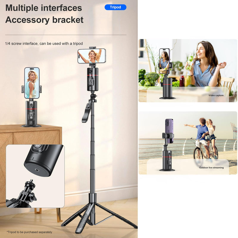 Auto Tracking Phone Holder,360° Rotation Phone Camera Mount Smart Shooting Phone Tracking Holder with Remote Selfie Stick for iPhone Android Stabilizer Shooting Live,No App,Rechargeable Black