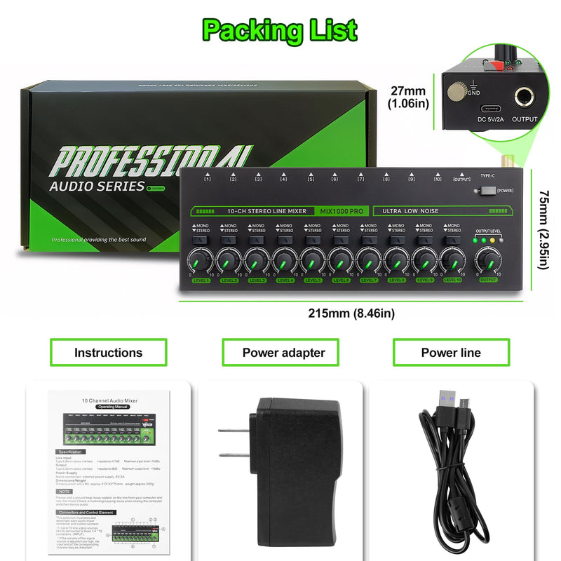10 Channel Mixer, Compact Mini Mono/Stereo Audio Mixer Line Mixer for Sub-Mixing, Ultra-low Noise 6.35mm 1/4" TRS Input/Output, 5V/2A Sound Mixer for Mics/Keyboards Mixer/Guitars/Bass/Stage