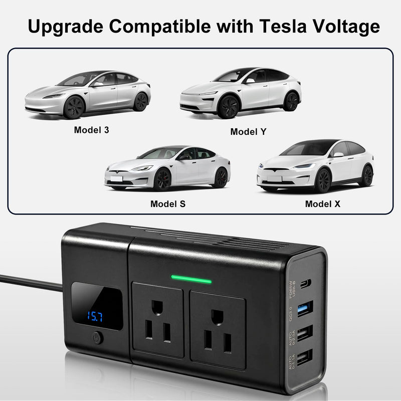 200W Car Power Inverter DC 12V to 110V AC Outlet fit for Tesla/Car/Truck | for 12V/16V, Dual AC Outlet Adapter 30W USB-C &18W USB Fast Car Converter with LED Display for Road Trip Travel Camping Gift