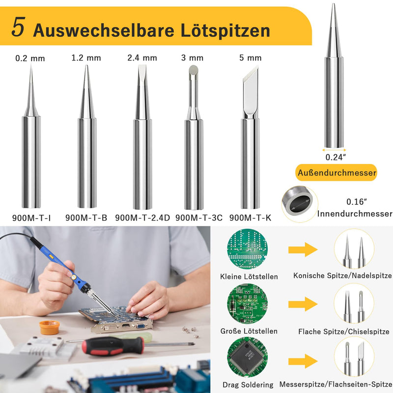 [AUSTRALIA] - Soldering Iron 60 W, Soldering Iron Set with Solder, Temperature Adjustable 220-480 °C, On/Off Switch, 30 g Soldering Wire, 5 Soldering Tips, Soldering Iron Set for Electrical Engineering Repairs Blue- 1 