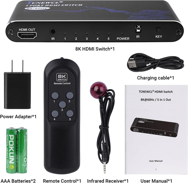 [AUSTRALIA] - 8K HDMI Switch 5 in 1 Out, HDMI Hub 8K@60Hz 4K@120Hz, HDMI 2.1 Selector Compatible with PS5 PS4 Xbox PC 