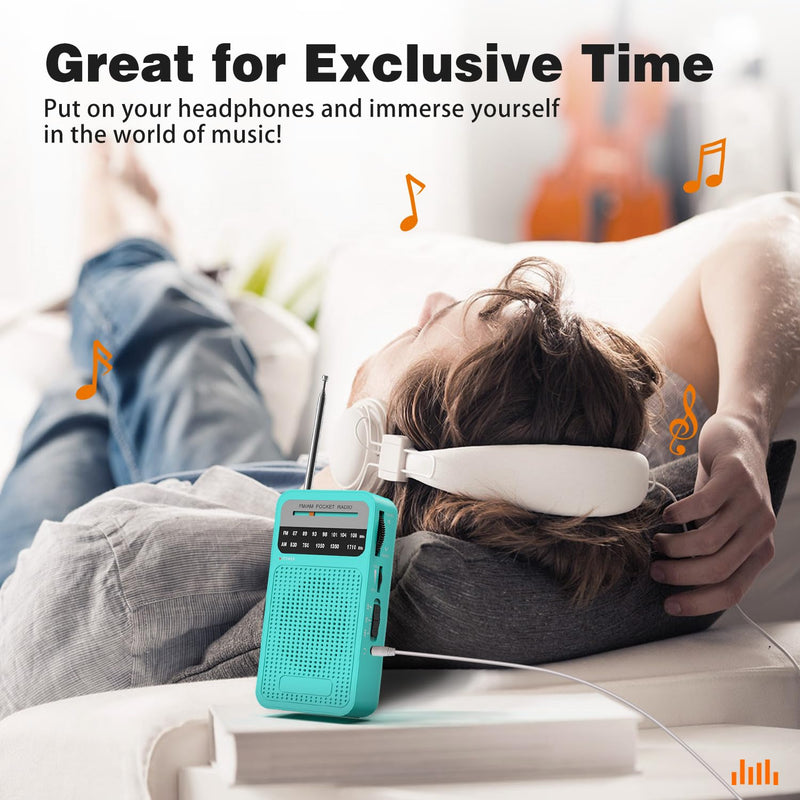 Portable Radio AM FM, Goodes Transistor Radio with Loud Speaker, Headphone Jack, 2AA Battery Operated Radio for Long Range Reception, Pocket Radio for Indoor, Outdoor and Emergency Use-Green New-Cyan