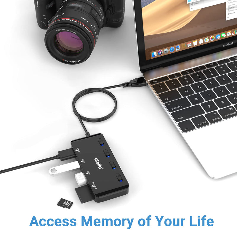 SD Card Reader, atolla USB Hub with SD/Micro SD Card Reader, USB Splitter with 3 USB Ports, 2 Card Slots and Individual LED Power Switches Dark black